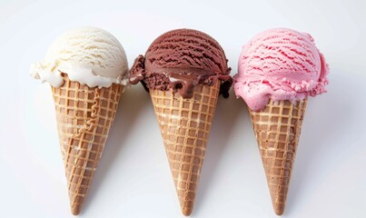 Neapolitan ice cream cones on white background