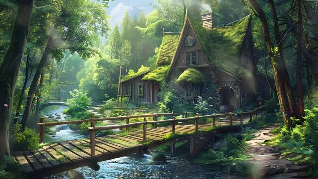 Tranquil forest scene with a bridge over a stream, a charming house nestled in the background. Seamless Looping 4k Video Animation