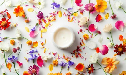 Creme jar blank mockup surrounded by delicate flower petals