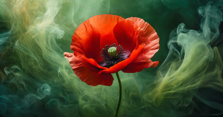 Czerwony mak , wiosenny kwiat. Zielone tło dym - obrazy, fototapety, plakaty