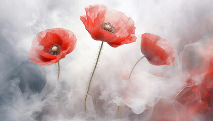 Czerwone kwiaty. Pastelowe tło, abstrakcyjny dym - obrazy, fototapety, plakaty