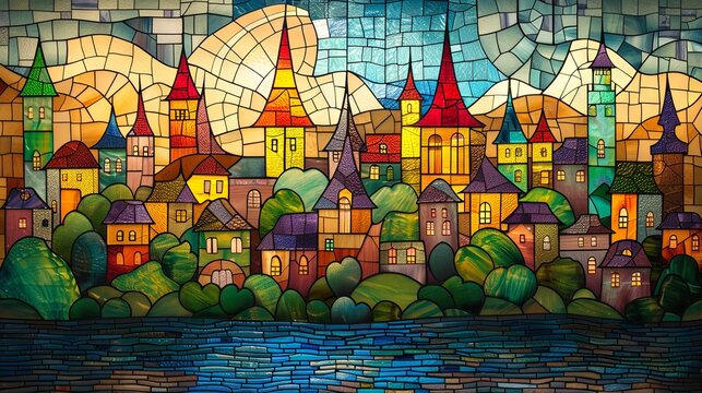 Artistic rendition of a quaint town depicted in vibrant stained glass mosaic style, bursting with color and charm.