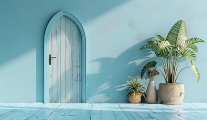 3D rendering of and accessories in front of an arched door on a light blue background with copy space for text