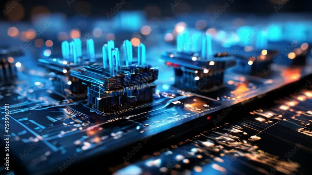 Poster Futuristic computer microchips and microchips with processors and transistors for artificial intelligence