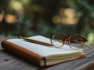 Vintage Notebook and Glasses on a Rustic Wooden Table