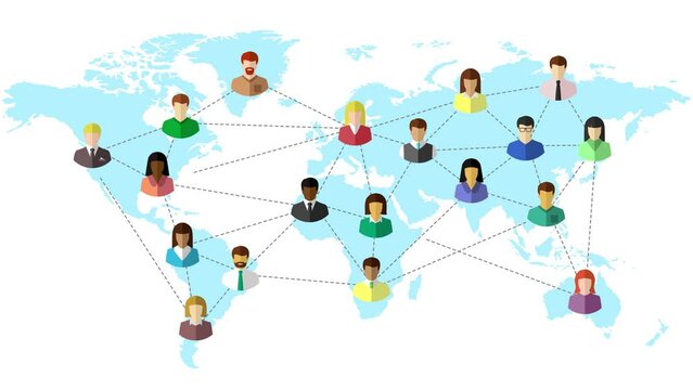 Animation with diverse people networking and being connected with dotted lines on a world map as global and international network, connection and communication concept