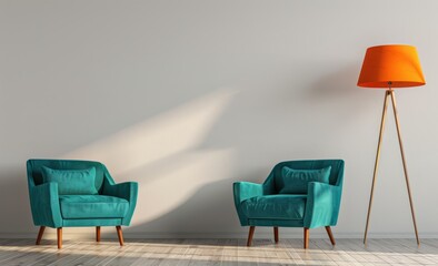3D rendering of two teal armchairs and an orange floor lamp in the center of the room