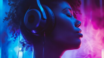 Music Lover Immersed in Neon Glow with Headphones