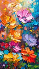 Fototapeta na wymiar A painting featuring vibrant flowers of various colors arranged in a vase.