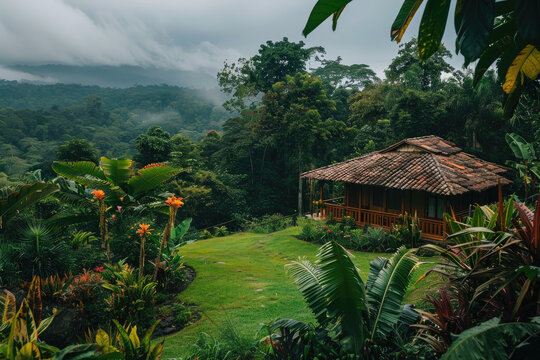Modern luxury house in the Costa Rica rainforest jungle. Wallpaper.