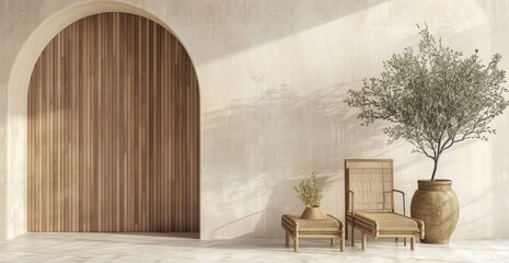 A mockup of an empty wall in the interior, a wooden arch with vertical lines on the left side, two rattan armchairs and an olive tree in a vase on a light floor