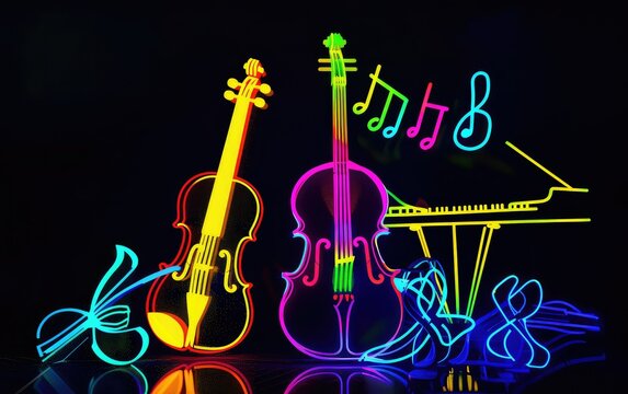 Neon Musical instruments light drawing on black background.