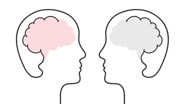 EQ vs IQ or right versus left brain hemispheres concept. Intellectual and emotional intelligence comparison, dominant cerebral hemisphere with head outline, face silhouette, heart symbol. 