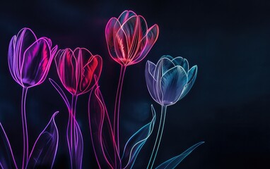 Neon tulip light drawing on black background.