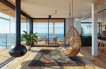 Apartment with wooden floors and large windows overlooking the sea