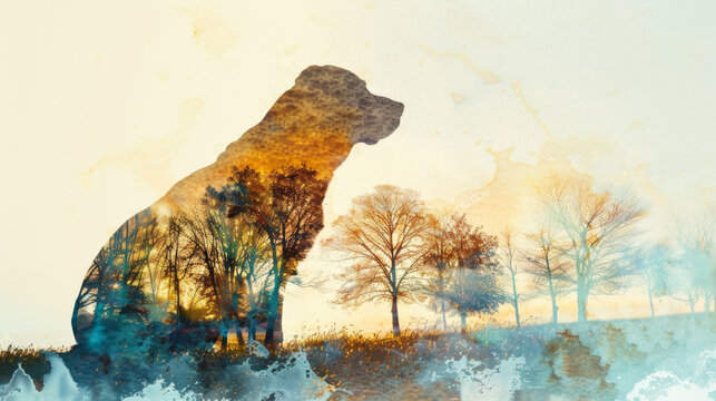 Labrador Retriever Silhouette Blend with Park Watercolor Art Gen AI
