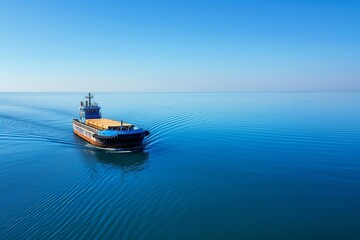 A barge loaded with cargo containers, a cargo ship sailing on a clear blue sea - obrazy, fototapety, plakaty