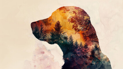 Labrador Retriever Silhouette and Park Double Exposure Watercolor Art Gen AI
