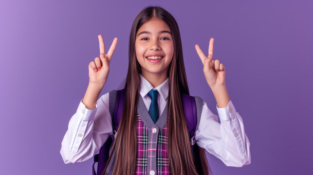 A cheerful schoolgirl in a school uniform with a tie and vest, pointing upwards with both hands, expressing excitement and happiness.