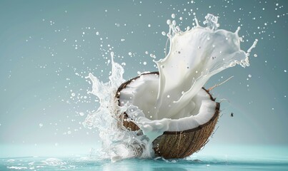 commercial isolated flat background of a coconut and milk explosion waterblue gradient background - obrazy, fototapety, plakaty