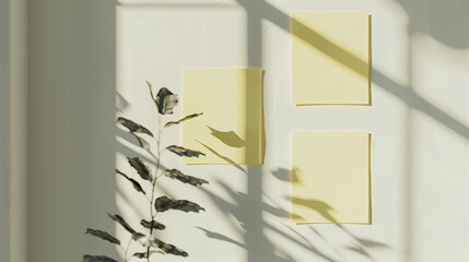 aesthetic yellow sticky note reminders on white background. Sun rays and shadows.