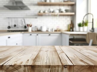 Blurred kitchen interior with empty wooden table top for product display montage, focusing on the center of the blurred background