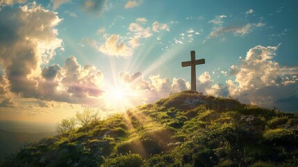 cross on top of a hill with sunlight and clouds  - obrazy, fototapety, plakaty