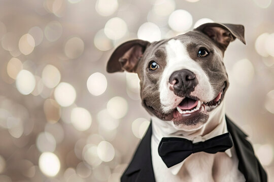 Cute and elegant Pitbull dog wearing tie and looking at camera over bokeh shiny lights as background. Copy space for advertisement, promotion