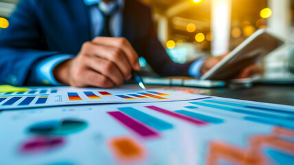 Fototapeta premium Businessman checking bar charts. Data analysis, finance, investment, and success concept