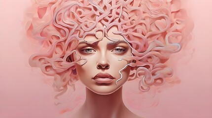 Woman face symbolizing her struggles, complexity, mental pressure. Symbolizing the complexity of human consciousness. Neural diversity