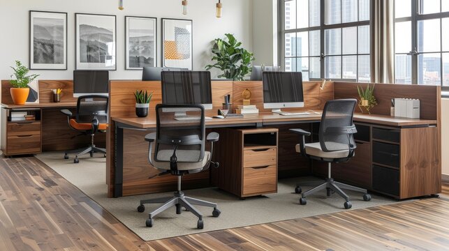 office desks, multiple workstations with computers placed on each desk 