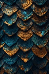 Fototapeta premium Detailed view of the texture and colors of a blue and gold dragons skin.