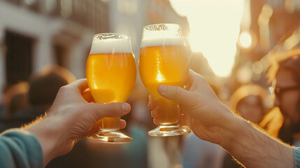 Joyous moment as friends clink craft beer glasses capturing the essence of friendship and the happiness found in shared experiences. - obrazy, fototapety, plakaty