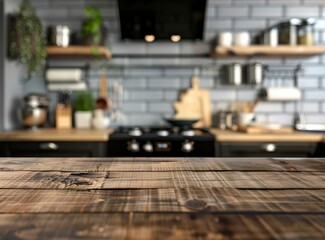 Blurred kitchen interior with empty wooden table top for product display montage