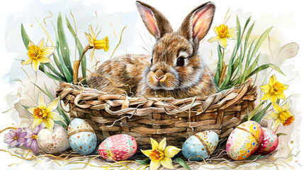 Fototapeta na wymiar easter bunny and eggs in a basket 