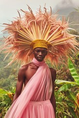 A man poses with a striking pink feather headdress against a tropical background, exuding a sense of pride and culture