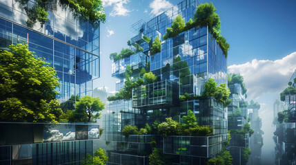 Futuristic glass building mirroring the sky integrated with green spaces to emphasize eco friendliness in urban settings. - obrazy, fototapety, plakaty