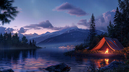 Evening serenity at a lakeside campsite where the gentle glow of a tent and the dance of firelight create a magical setting under the twilight. - obrazy, fototapety, plakaty