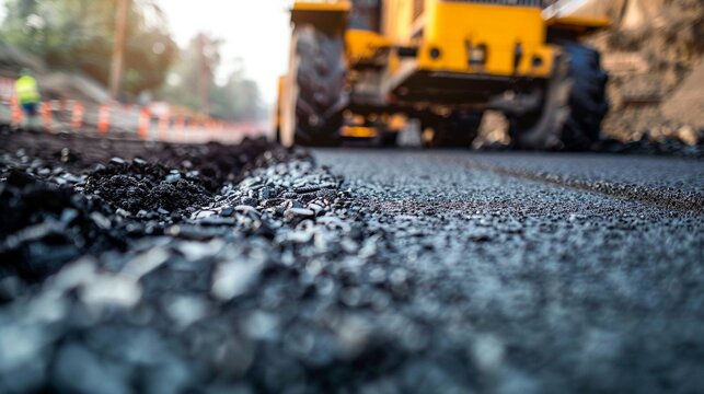 Detailed scene of tarmac laying by a skilled crew with machinery in motion and asphalt being leveled evoking progress.