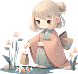 blond hair girl in Traditional Attire Feeding Koi in cherry blossom festival