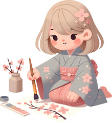 blond hair girl in Traditional Attire Painting cherry blossoms in cherry blossom festival