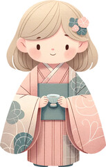 blond hair girl in Traditional Attire Holding a small tea cup in cherry blossom festival