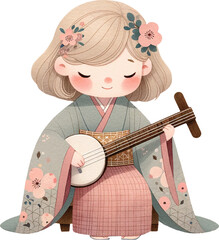 blond hair girl in Traditional Attire Playing a shamisen traditional Japanese stringed instrument in cherry blossom festival