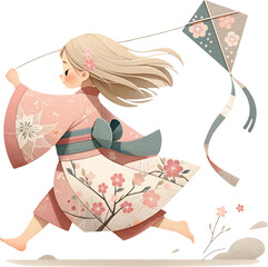 blond hair girl in Traditional Attire Running with a kite in hand in cherry blossom festival