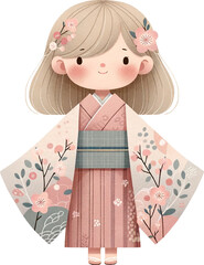 blond hair girl Dressed in kimonos in cherry blossom festival