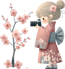 blond hair girl in Traditional Attire Capturing the beauty of cherry blossoms with a camera in cherry blossom festival