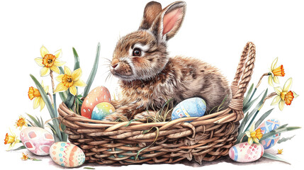 Fototapeta na wymiar easter bunny and eggs in a basket isolated against transparent background 