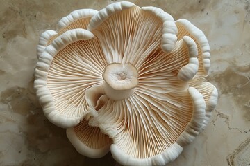 Overhead shot of oyster mushrooms with fanned out caps and closely arranged gill like ridges