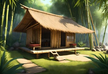 bamboo hut with thatched roofs. for playing and relaxing in a refreshing atmosphere. AI generative - obrazy, fototapety, plakaty