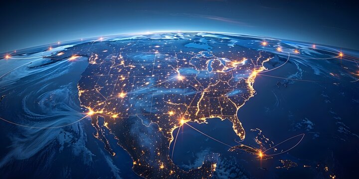 Nighttime aerial view of illuminated air routes over North America. Concept Starlit Skies, Aerial Photography, North America, Flight Paths, Illuminated Routes
